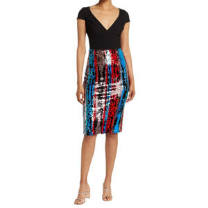 DRESS THE POPULATION Jaleah Sequin Striped Midi Sheath Dress XS NEW Holiday